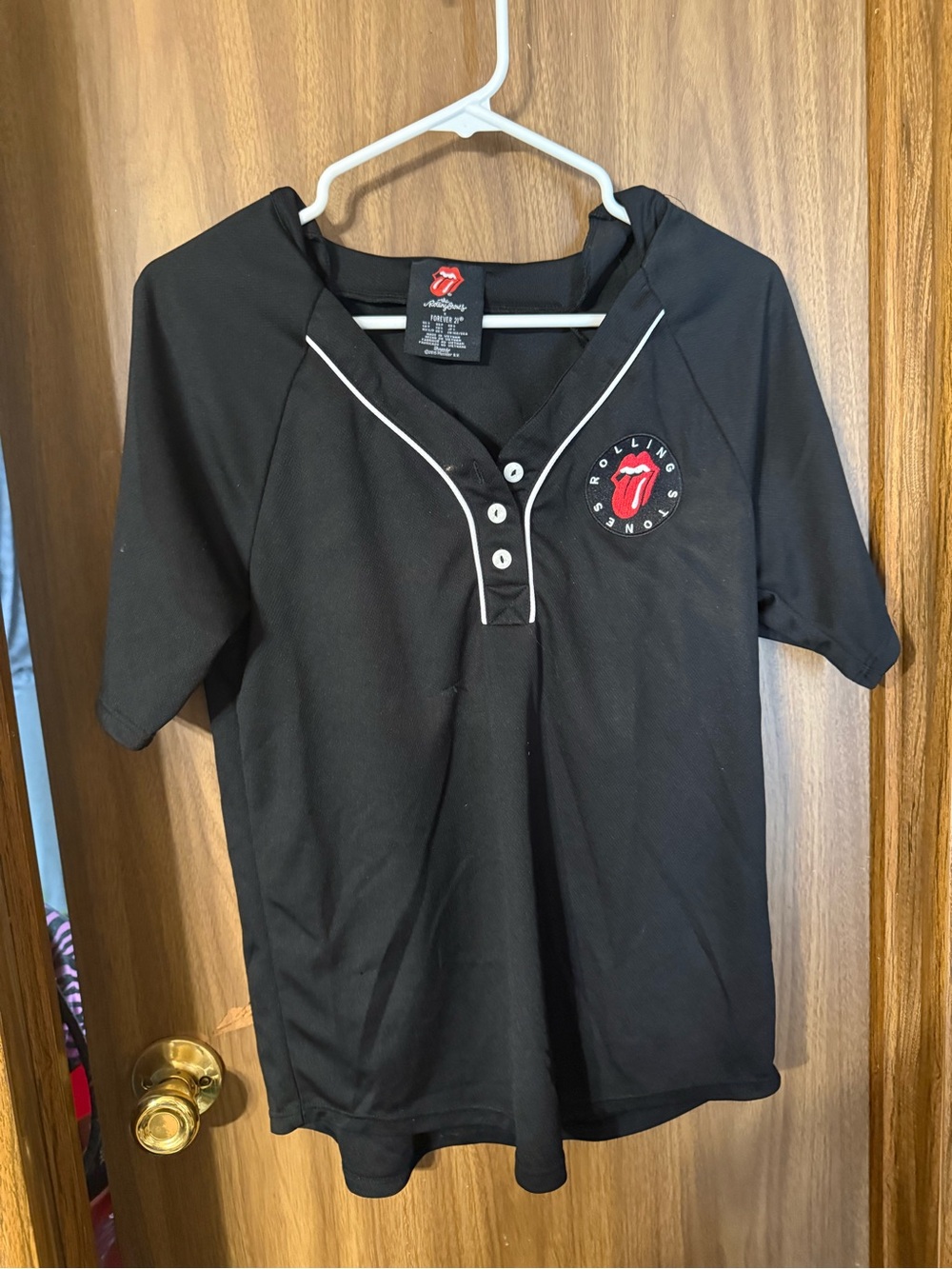 Forever 21 Kids Black Baseball-Style Shirt with White Piping and Red Logo